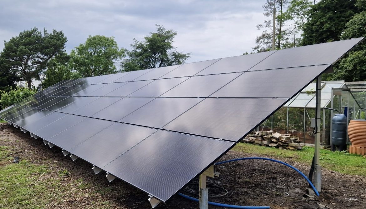 The completed solar array at our UK site, panels angled towards the sky