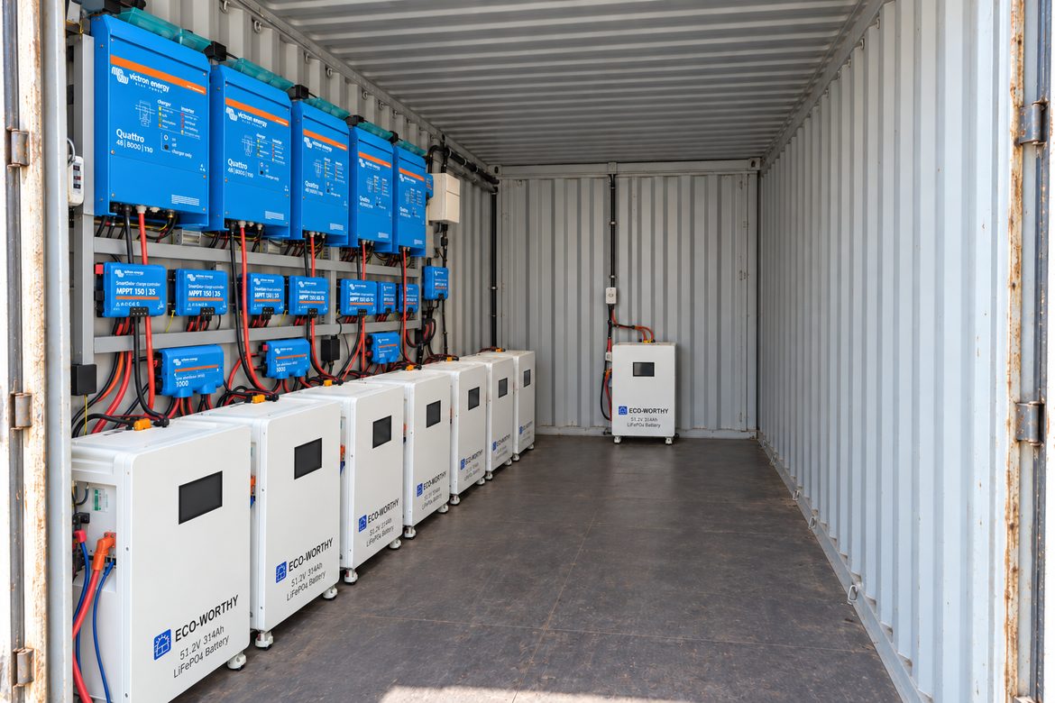 Inside the plant room today: a wall of blue Victron inverter/chargers and MPPT charge controllers above a row of white Eco-Worthy LiFePO4 battery cabinets in a steel container