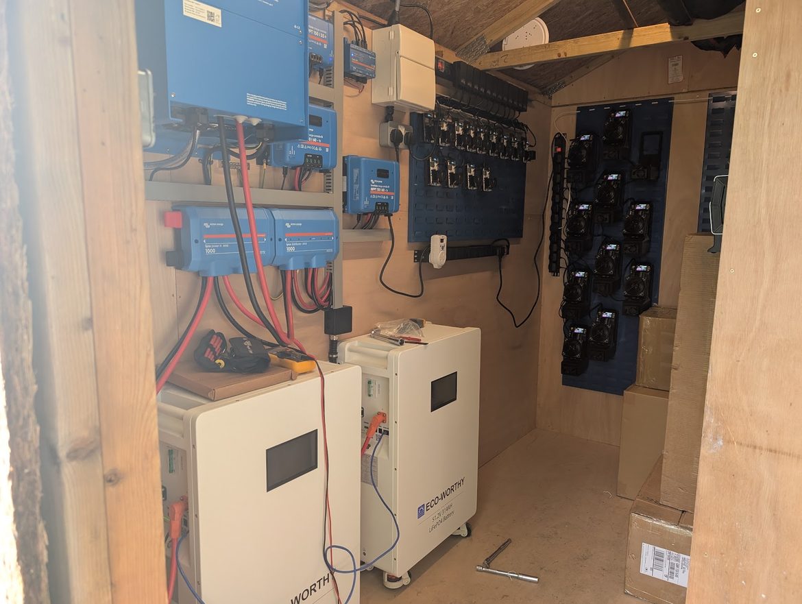 How it started: a timber shed with a single Victron inverter/charger, MPPT controllers, two Eco-Worthy battery cabinets and a wall of small miners on a pegboard
